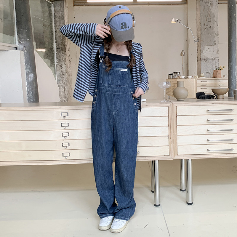 韩系减龄牛仔背带裤女2025春季新款休闲条纹上衣高腰阔腿裤两件套,女装套装/套裙,2C098