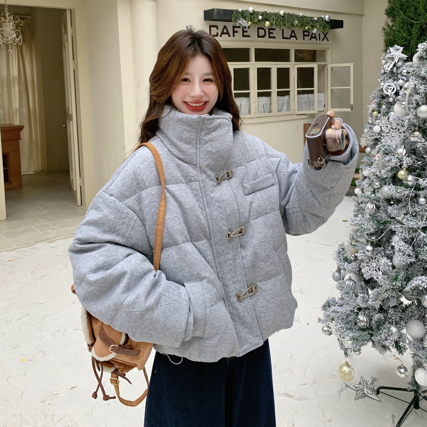 高级感灰色立领面包服羽绒服女冬季短款加厚保暖90白鸭绒宽松外套图片