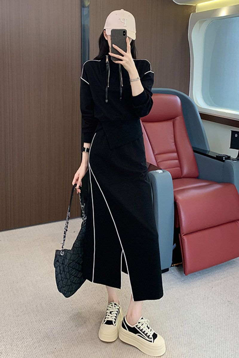 女秋季欧货时尚设计感高腰卫衣开叉半身裙套装,女装套装/套裙,2C310