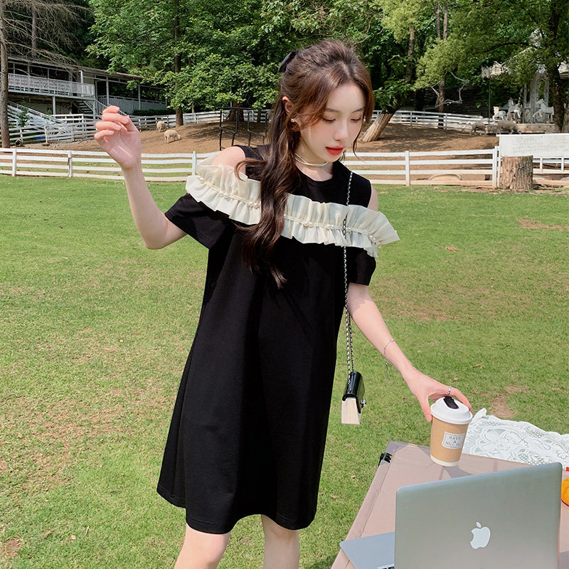 黑色设计感露肩连衣裙2025夏季新款韩版淑女宽松休闲减龄直筒裙子,女装连衣裙,2C339