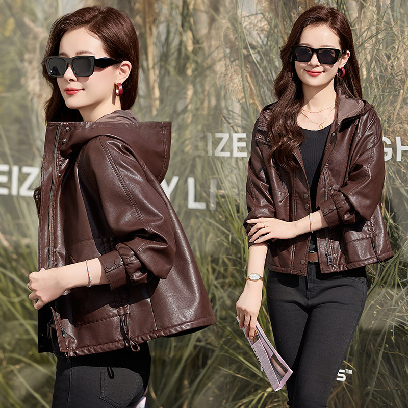 【现货】春装新品连帽皮衣外套女时尚皮夹克2506-1C115-P130-K198,女装皮衣,吾爱衣
