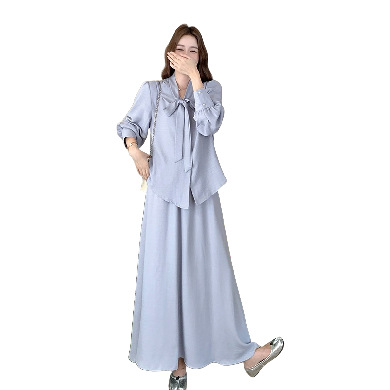 蓝色V领系带衬衫半身裙两件套女2025春秋季新款韩版显瘦气质套装,女装套装/套裙,2C206