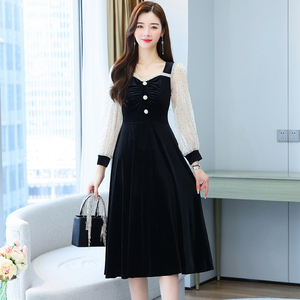 新款春秋金丝绒拼接假两件显瘦遮肚中长款连衣裙图片