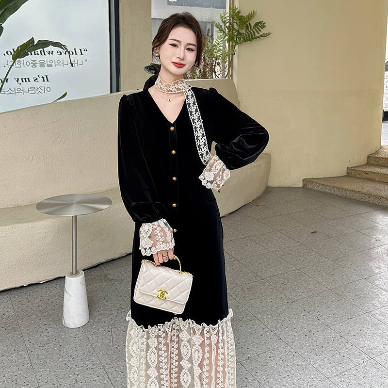 春装新款丝绒拼色连衣裙2C092-5129-P130-K218,女装连衣裙,2C092