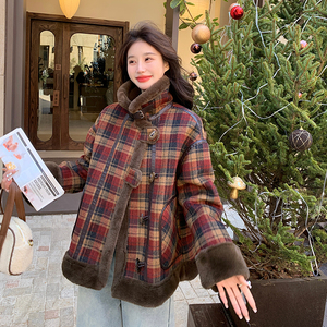 格子羊羔毛外套女秋冬2025新款毛呢外套美拉德高级感独特呢大衣图片
