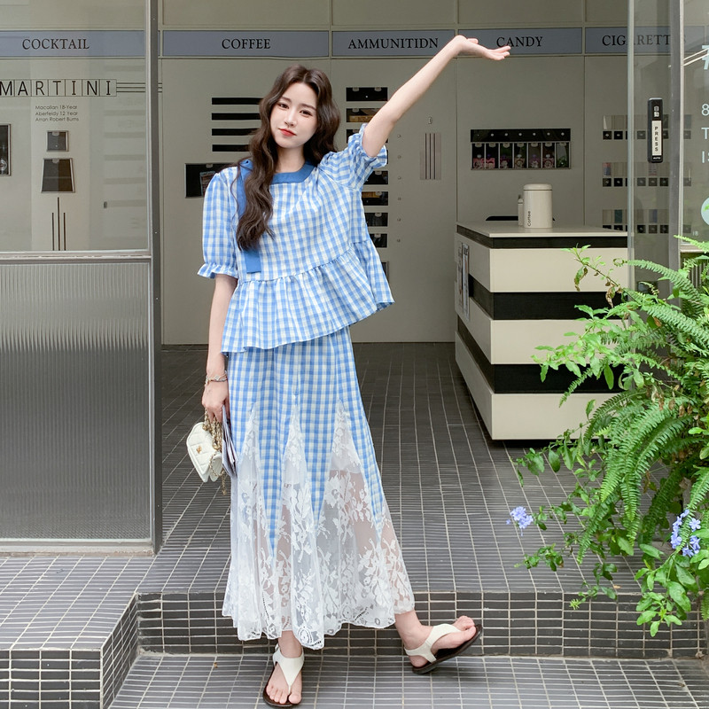 减龄感穿搭泡泡袖格子娃娃衬配拼接半身裙套装女夏2025新款两件套,女装套装/套裙,2C117