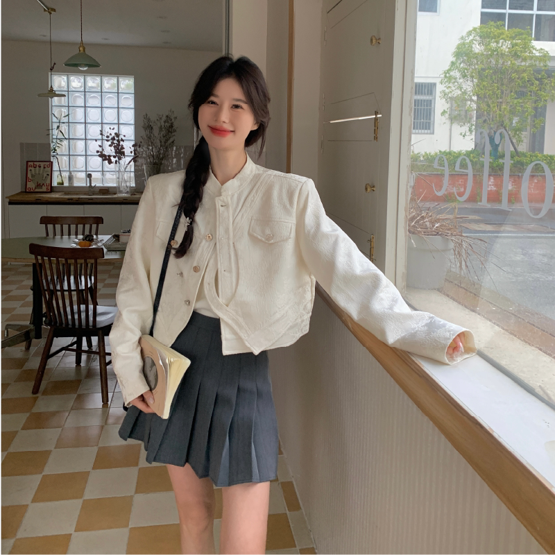法式提花白色小香风短外套女春秋2025新款韩系小个子机车服爆款,女装短外套,2D146