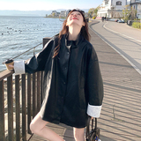 2025蕾丝袖口立领中长黑皮衣外套2C298w376p155k238，女装皮衣，2C298