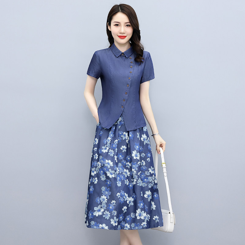 天丝牛仔裙套装女2025夏季新款高端遮肚子显瘦洋气减龄薄款两件套,女装套装/套裙,锦绣伊人