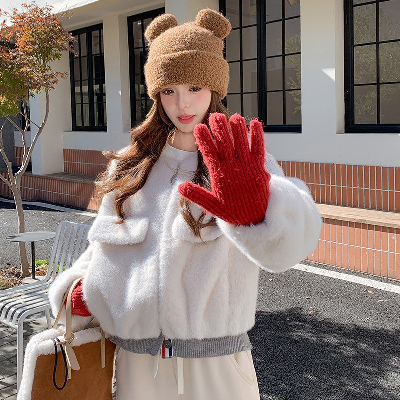 加绒加厚红色派克服女冬短款棉服2024新款棉衣棉袄仿兔毛毛小外套图片