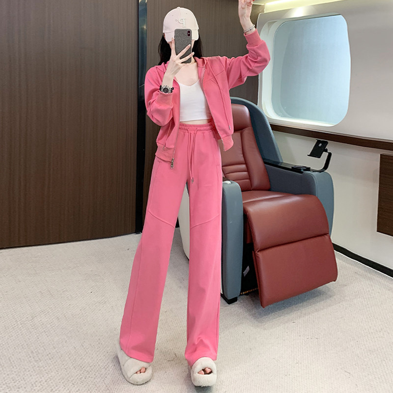 韩版玫红色时尚女秋季新款连帽套装图片