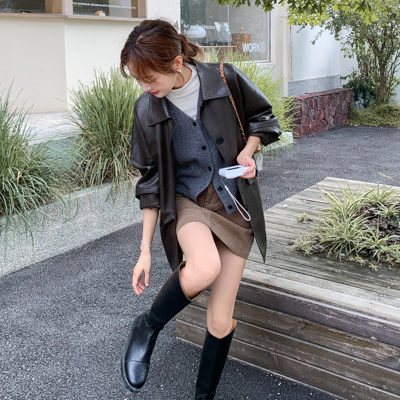 设计感复古黑色翻领皮衣外套女春秋2025新款今年流行爆款漂亮夹克,女装皮衣,安在秀