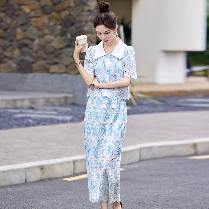 2025新款夏装女装翻领撞色蕾丝镂空泡泡袖套装裙两件套,女装套装/套裙,丽莎妳雅