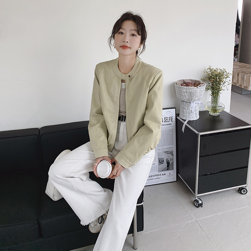 炸街立领pu皮衣外套女秋季2025新款小个子韩系休闲短款夹克上衣,女装皮衣,2C126