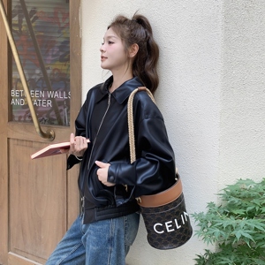 甜酷风休闲复古翻领黑色皮衣外套女春秋小个子机车服PU夹克巨好看图片