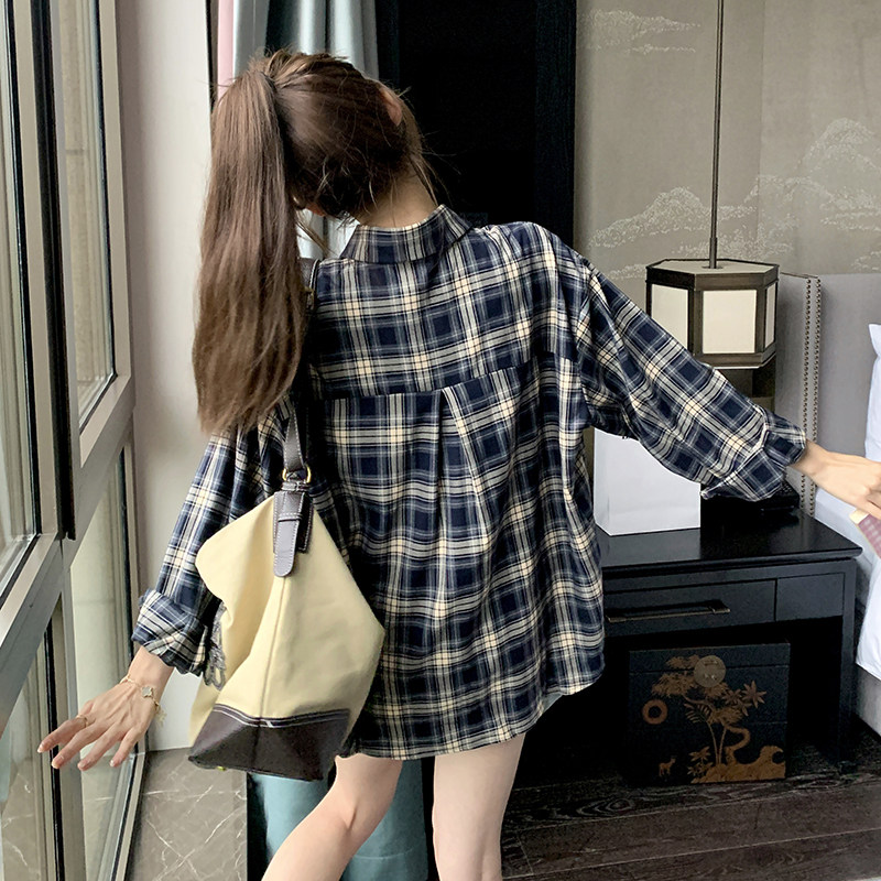 复古格子衬衫上衣女2024秋季新款韩系慵懒风宽松休闲小个子外套潮,女装衬衫,2C037