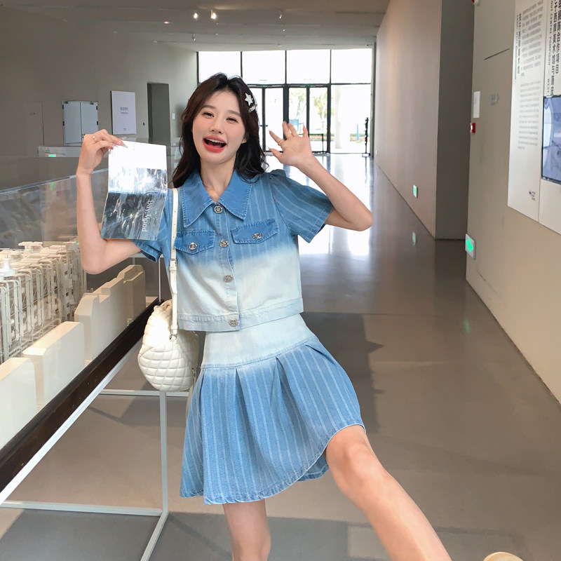 渐变色牛仔上衣A字短裙两件套女2025夏季新款俏皮减龄小个子套装,女装套装/套裙,2C266
