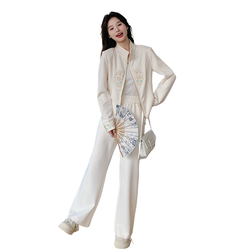 新中式休闲套装女2026新款春秋款时尚高级感绣花卫衣阔腿裤两件套,女装套装/套裙,2D045