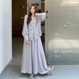 蓝色V领系带衬衫半身裙两件套女2025春秋季新款韩版显瘦气质套装，女装套装/套裙，2C206