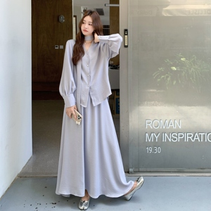 蓝色V领系带衬衫半身裙两件套女2025春秋季新款韩版显瘦气质套装图片