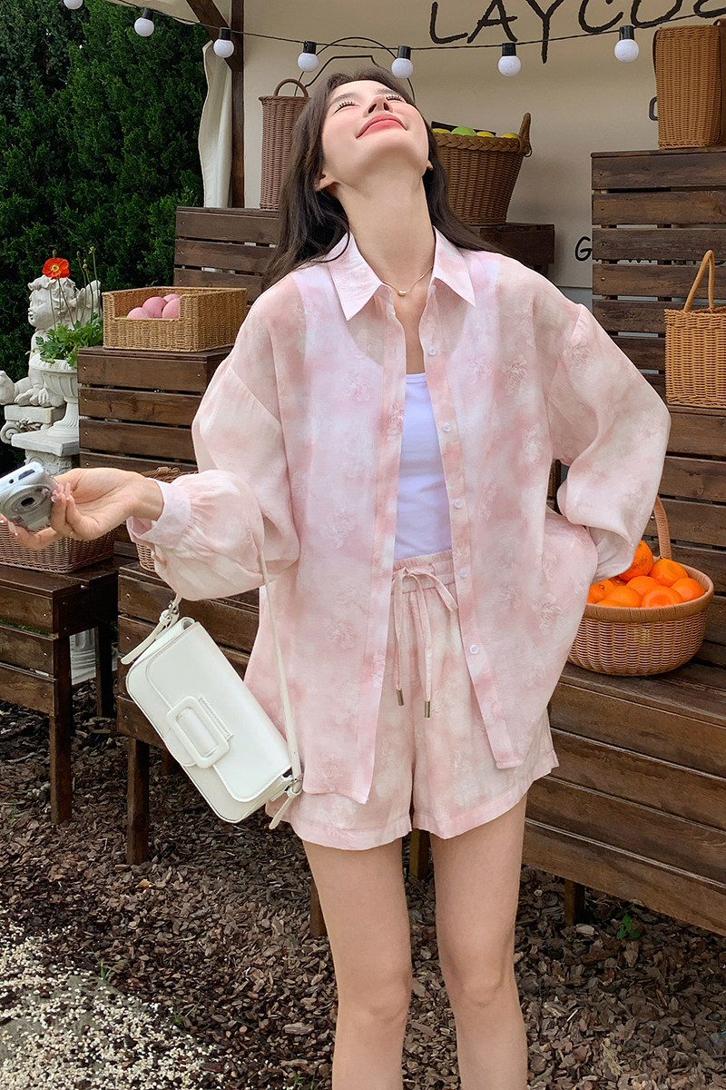 粉色个性印花衬衫两件套女2025夏季新款时尚气质松紧腰短裤套装潮,女装套装/套裙,2C353