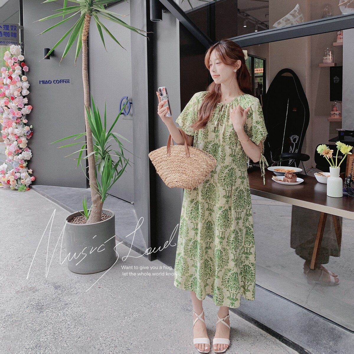 【大货已出】复古系带设计绿色碎花连衣裙6670-P95控138,女装连衣裙,2C137