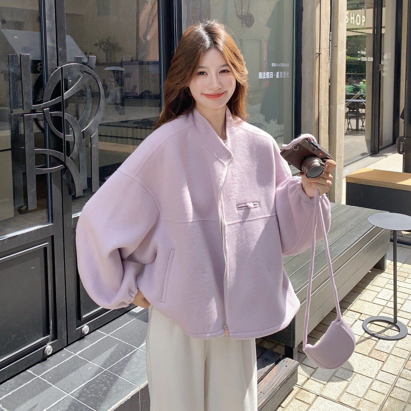 紫色超好看双面羊绒大衣女秋冬法式名媛小个子抽绳立领毛呢子外套,女装毛呢外套,2C320