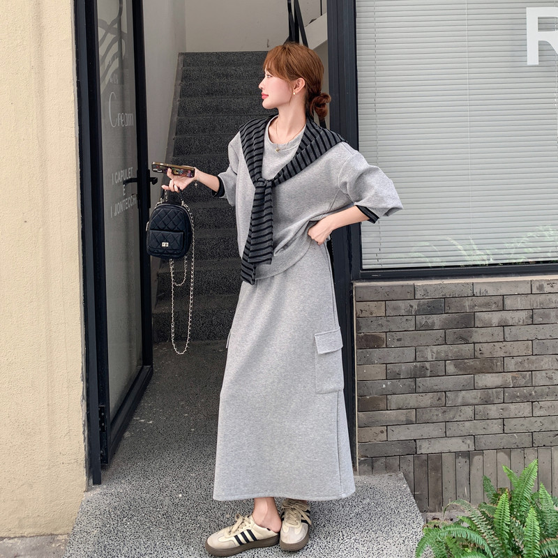 浅灰色披肩卫衣套装裙女春秋新款超好看韩系减龄休闲半身裙两件套,女装套装/套裙,2B235
