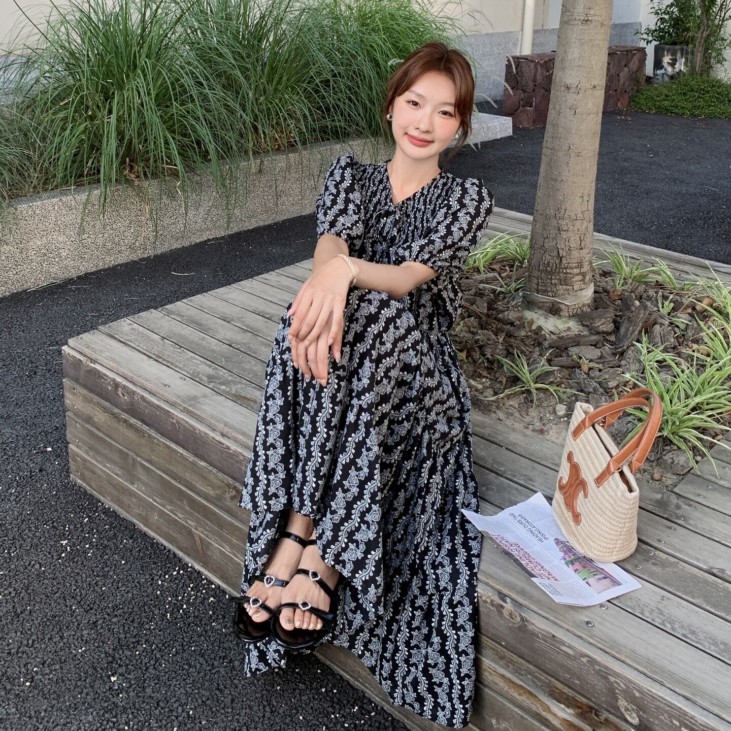 不褪色印花连衣裙清新轻奢吊带裙收腰时尚辣妈大码气质长裙碎花,女装连衣裙,2C212