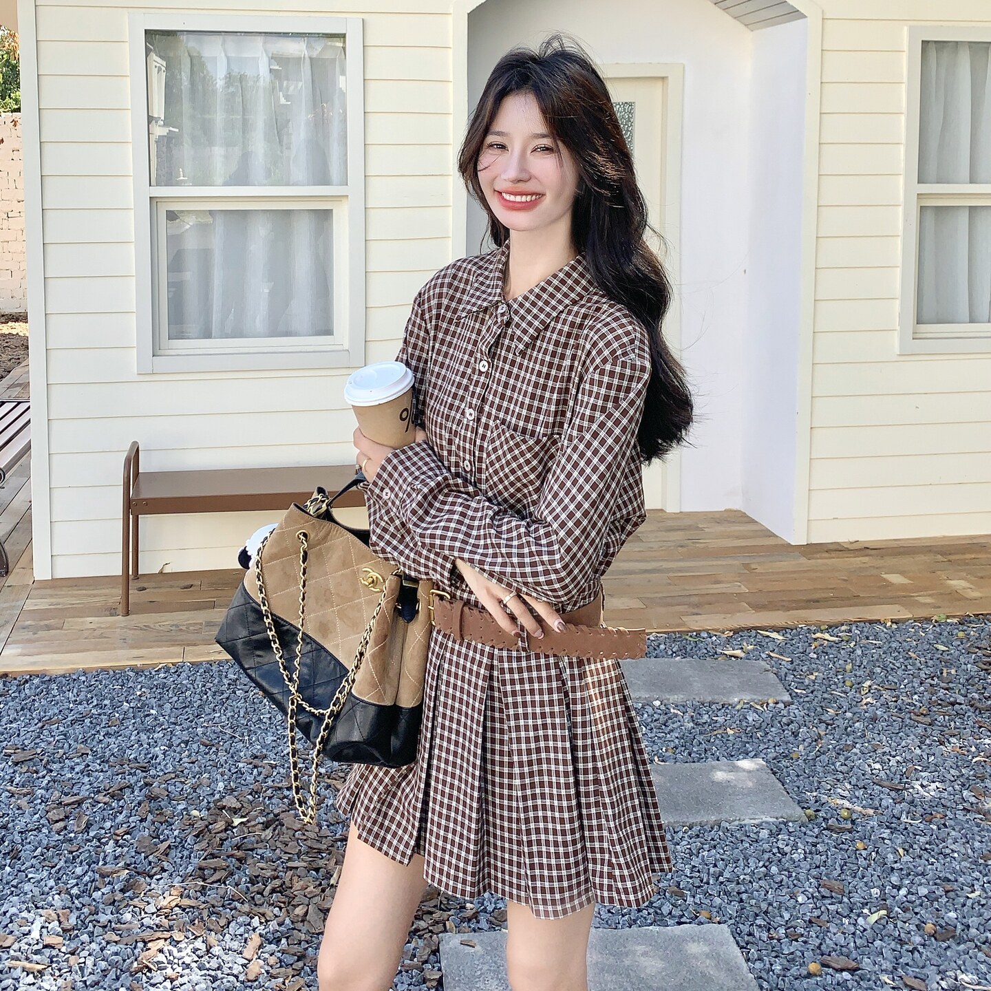学院风格子衬衫套装女2025秋季新款韩系小个子气质减龄短裙两件套,女装套装/套裙,2C012