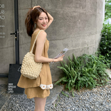 姜黄色韩系无袖V领背心短裤套装女25夏季独特漂亮气质显瘦两件套，女装套装/套裙，2C159