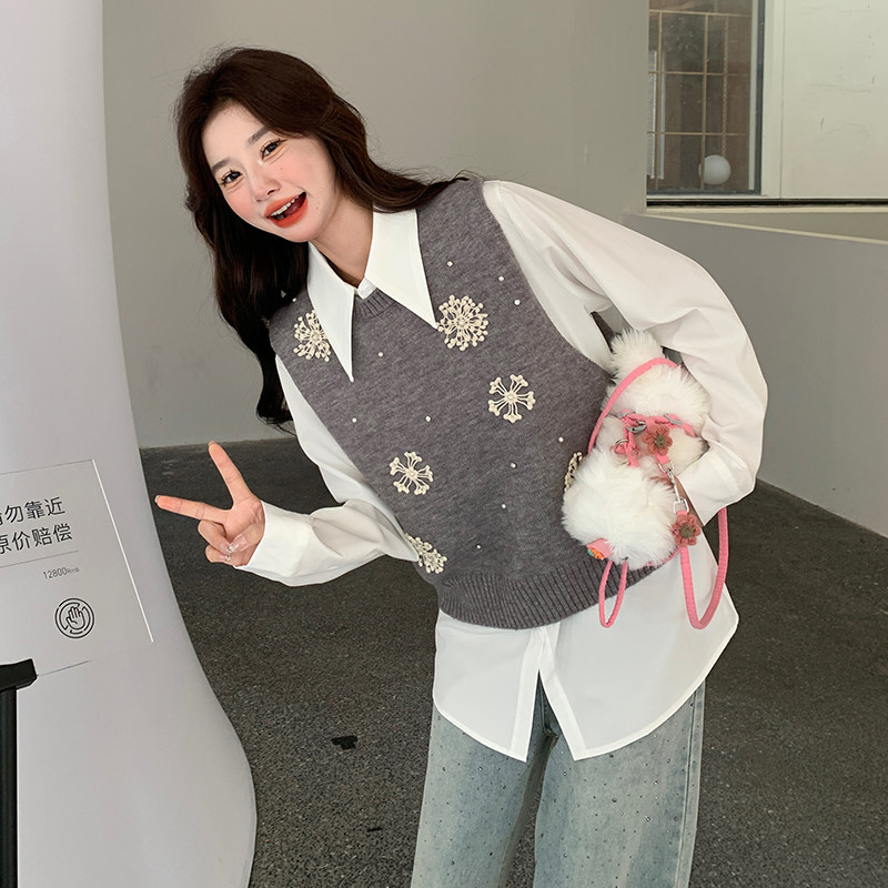 时尚学院风休闲减龄套装女2026春新款气质衬衫绣花马甲两件套,女装套装/套裙,2C166