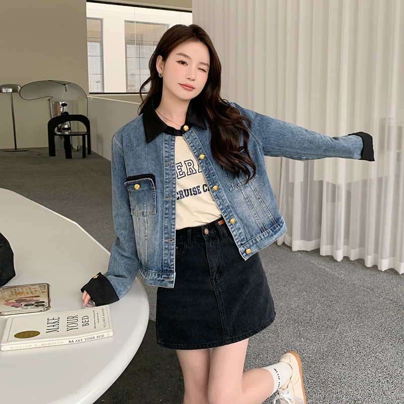 女短外套秋季水洗女士牛仔外套百搭春季翻领小个子春秋长袖时尚,女装短外套,2C053