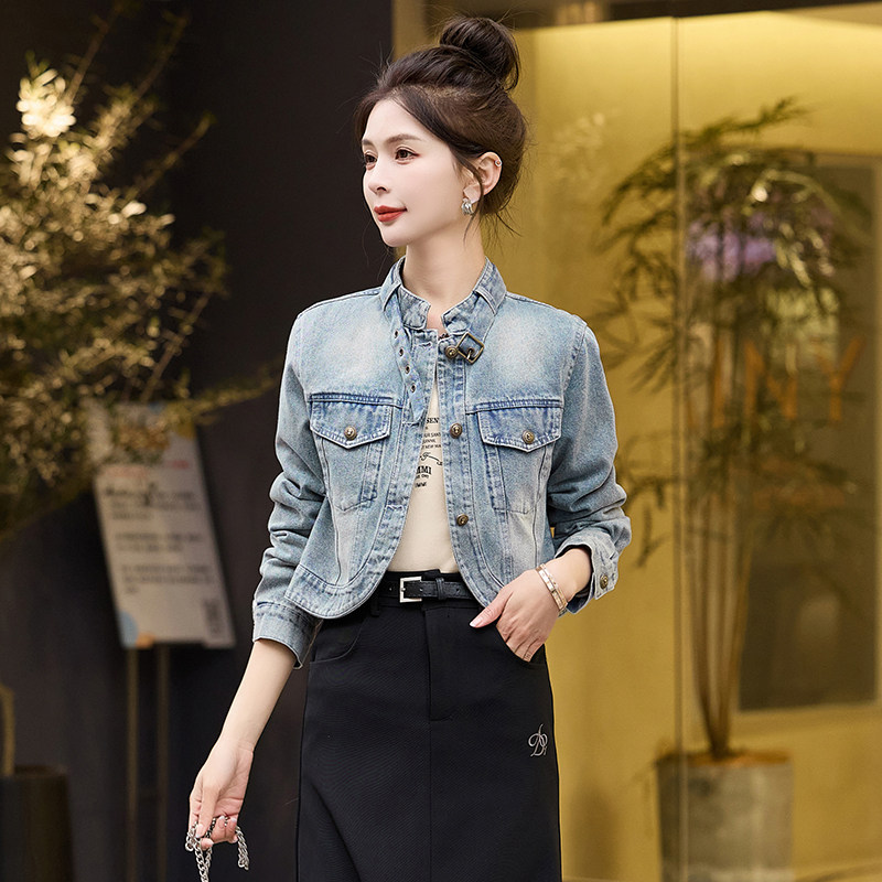 甜美长袖纯色牛仔外套时尚洋气2025年春季立领百搭上衣,女装毛呢外套,新感觉