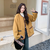 南瓜色学院风格子拼接毛呢外套女秋冬2025新款设计感爆款绝美大衣，女装毛呢外套，2C056