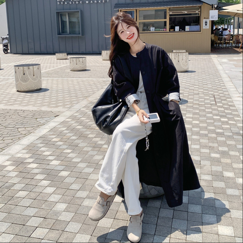 高级感撞色拼接黑色长款风衣外套女春秋2025新款收腰显瘦大衣流行,女装风衣,2C016