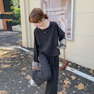 条纹拼接小香风灰色套装裤女秋季时髦洋气ootd韩系盐系设计感流行图片