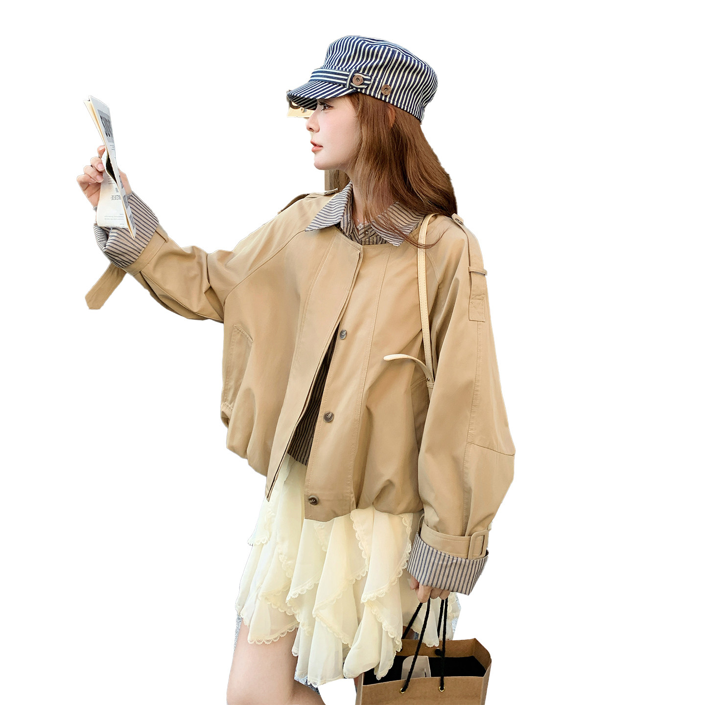 【新品现货】条纹拼接假两件短款风衣女小个子5115-P155-K228,女装风衣,2C126