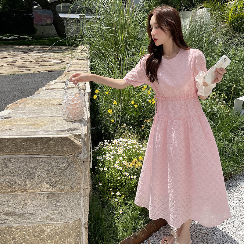 【夏季现货！上新】763P115K1582025新款中长款圆领收腰连衣裙,女装连衣裙,2C037