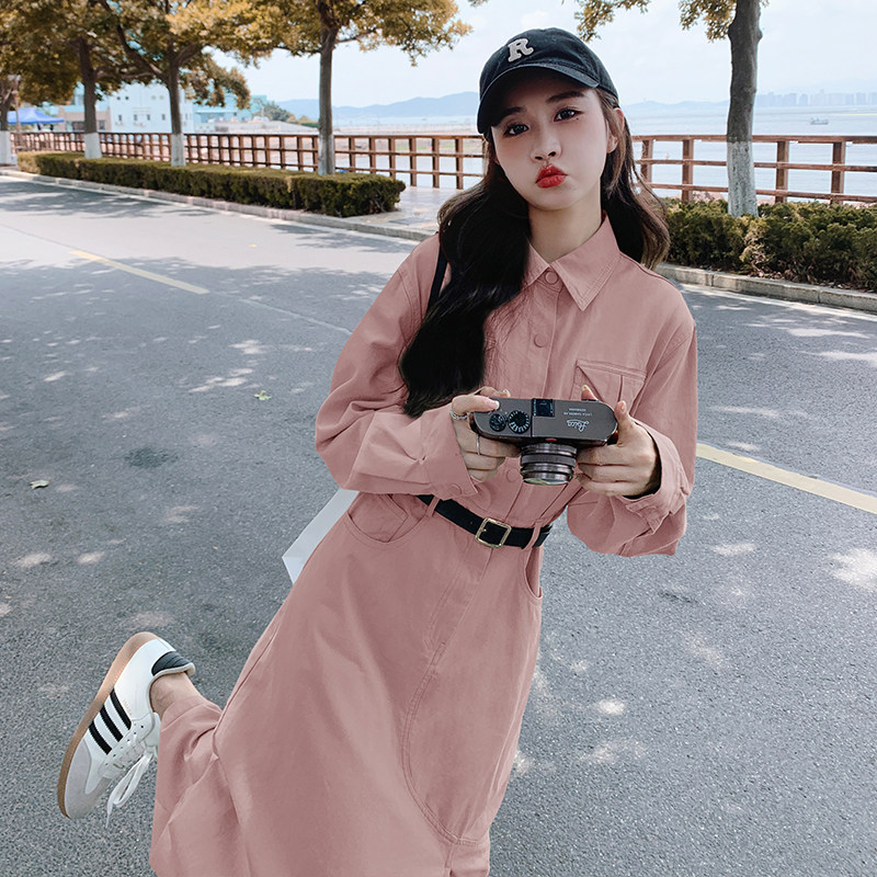 高级感超好看绿色衬衫连衣裙女春装2025秋冬新款系带收腰开叉长裙,女装连衣裙,2C103