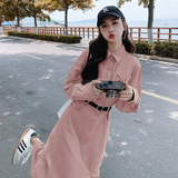 高级感超好看绿色衬衫连衣裙女春装2025秋冬新款系带收腰开叉长裙，女装连衣裙，2C103