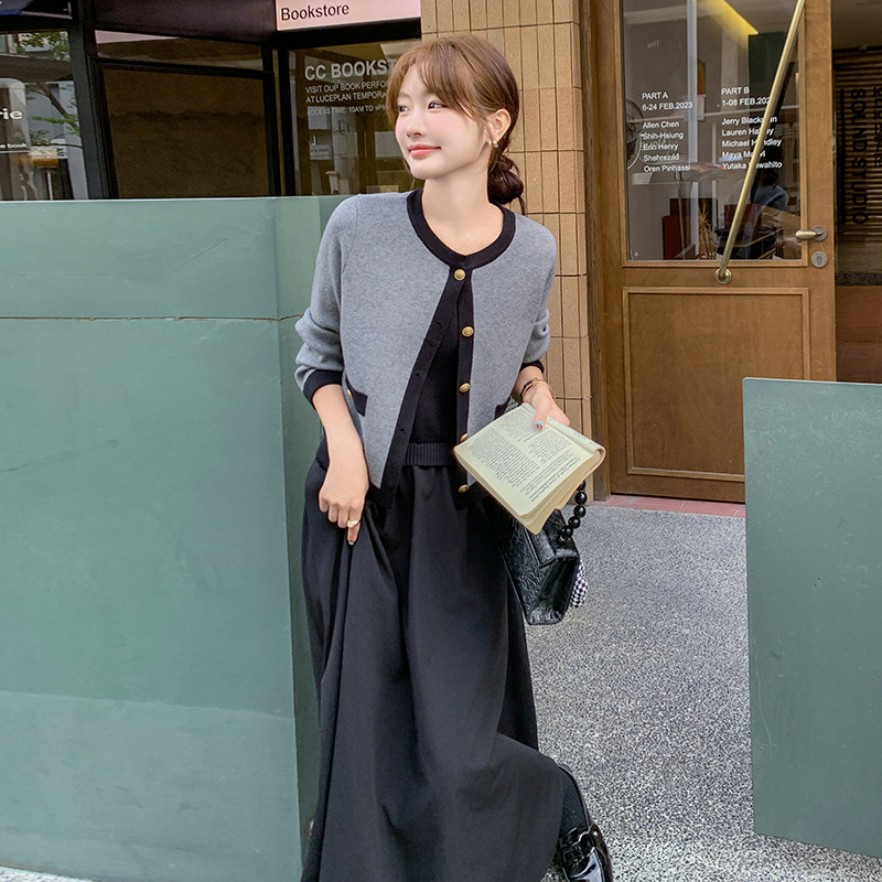时尚套装女春秋款灰色高级感开衫上衣气质吊带裙两件套,女装套装/套裙,2C166