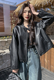 韩版宽松休闲PU皮衣外套女2025春秋季新款高级感炸街显瘦夹克上衣，女装皮衣，安在秀（1C042）