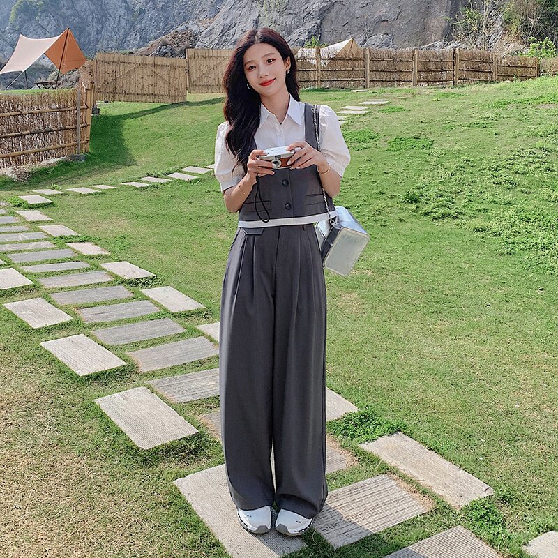 法式气质假两件衬衫上衣套装女2025夏季新款显瘦休闲阔腿裤两件套图片