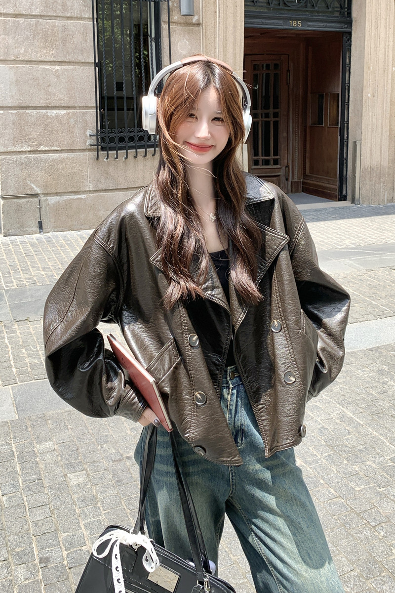高级感复古港风咖色皮衣短外套女春秋2025新款小个子PU夹克巨好看,女装皮衣,2C177