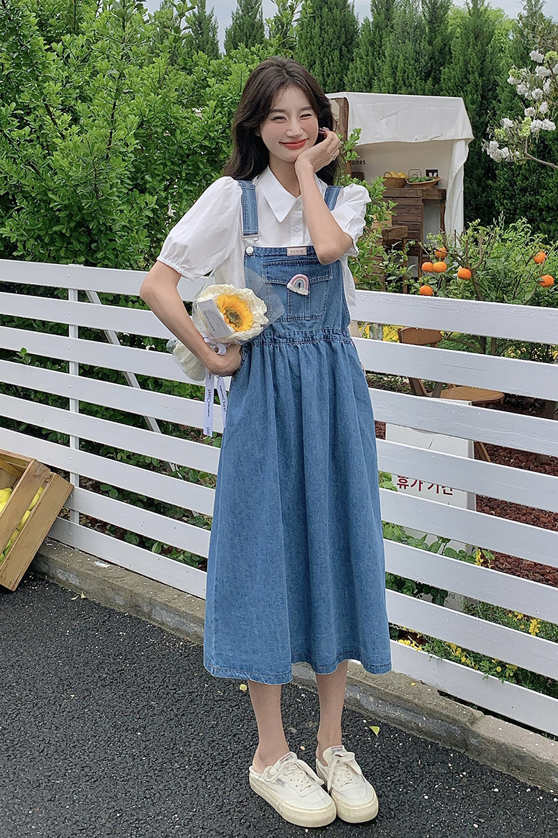 短袖衬衣一整套学院风牛仔连衣裙2025夏季新韩系时尚两件套背带裙,女装套装/套裙,2C218