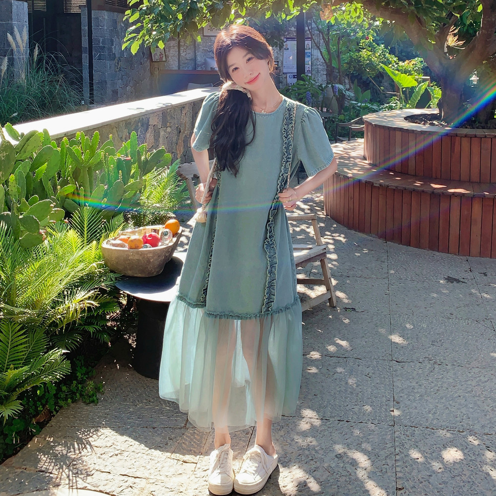 ！自制仙气网纱木耳边牛仔长裙显瘦短袖连衣裙w386p140k208,女装连衣裙,2C298