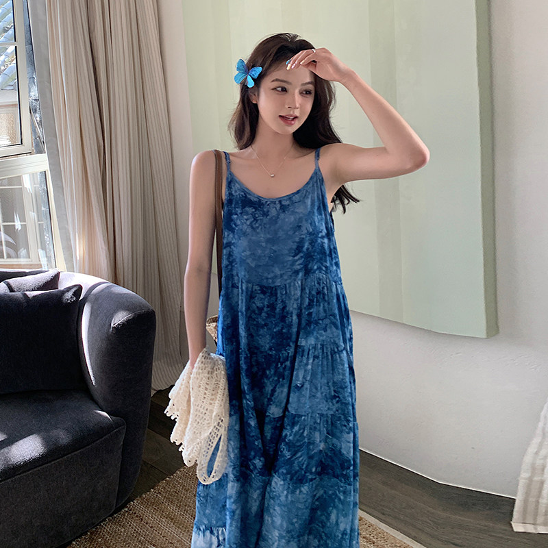 海边度假风吊带连衣裙套装女2025夏季新款时尚气质拼色罩衫两件套,女装连衣裙,2C177