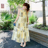 法式扎染无袖挂脖连衣裙女2025夏季新款海边度假风显瘦漂亮长裙子，女装连衣裙，2D009