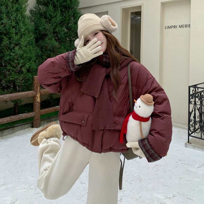 新款韩版宽松立领撞色格子袖口羽绒服短款外套面包服,女装羽绒服,2B114
